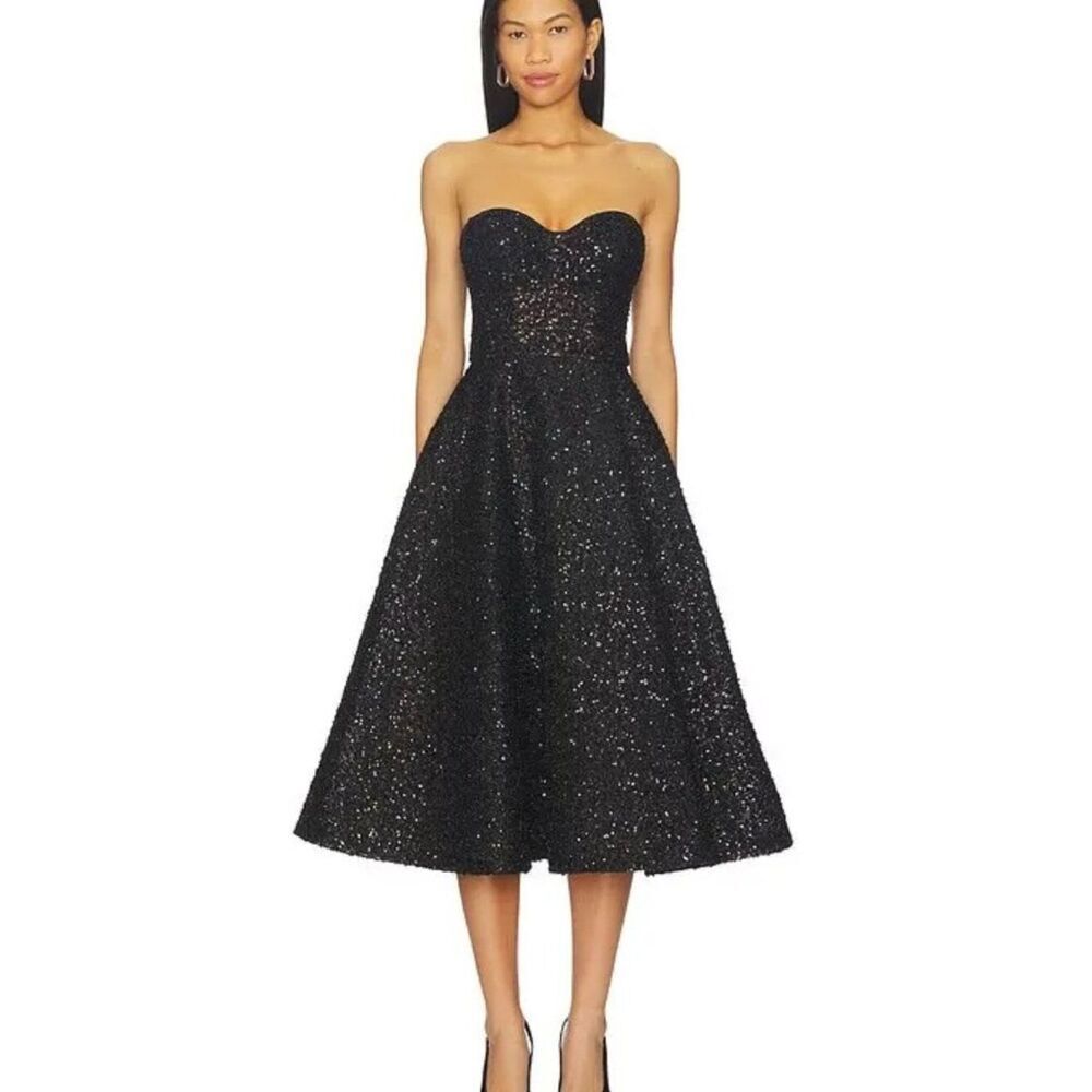 Nadine Merabi Marilyn Beaded Embellished Skater Midi Dress in black Size 10